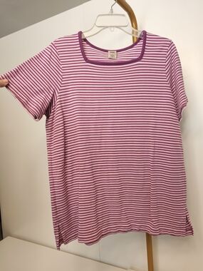High Sierra Woman 1X Pink White Striped Short Sleeve Cotton Square Neck Tee